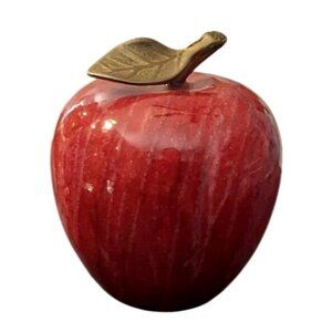 Polished Red Marble Alabaster Apple Paperweight With Brass Leaf & Stem Vintage